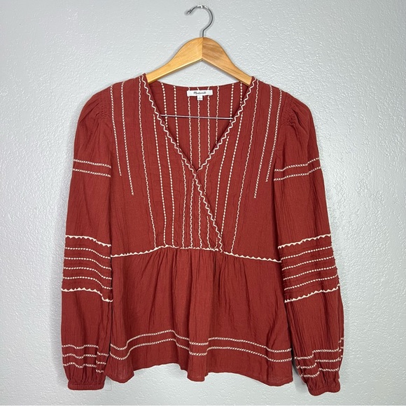 Madewell Embroidered Faux-Wrap Top Women's Size S Surplice Neckline Long sleeves - Picture 6 of 11